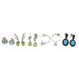 Five pairs of modern silver stone set earrings