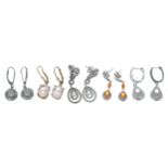 Five pairs of modern silver stone set earrings