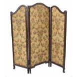 Victorian rosewood framed silk panelled triptych screen/room divider, the fabric panels decorated