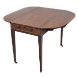 Small 19th century mahogany Pembroke table, crossbanded drop flap over two short drawers raised on