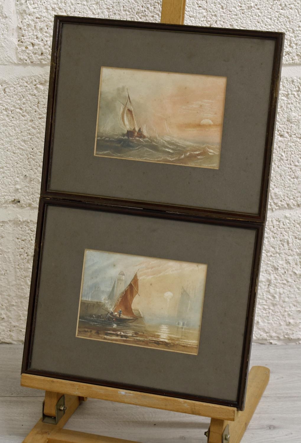 19th/20th Century - a ship by moonlight and a harbour scene at low tide, watercolour, each 6.5" x