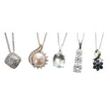 Five modern silver necklaces with stone set pendants, to include zircon, sapphire, pearl, topaz