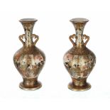 Fine pair of miniature Japanese Satsuma pottery twin-handled slim neck vases, with gilt