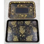 Large Victorian rectangular papier maché tray, decorated with Japanese figural garden scene within a