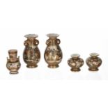 Good pair of miniature twin-handled Japanese Satsuma baluster vases, character  marks to the