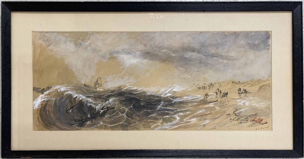 E*J Duncan - ship in distress, with figures on the beach, signed, watercolour, 21.5" x 9".