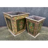 Two decorative painted wooden square waste paper baskets/containers, the largest 12" x 12", 12" high