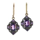 Pair of antique style amethyst and diamond drop cluster earrings, with wire hook backs, 3.2gm, 28mm