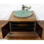 HMV His Master's Voice manual wind table-top gramophone within an oak stepped square case, 15.5" wi