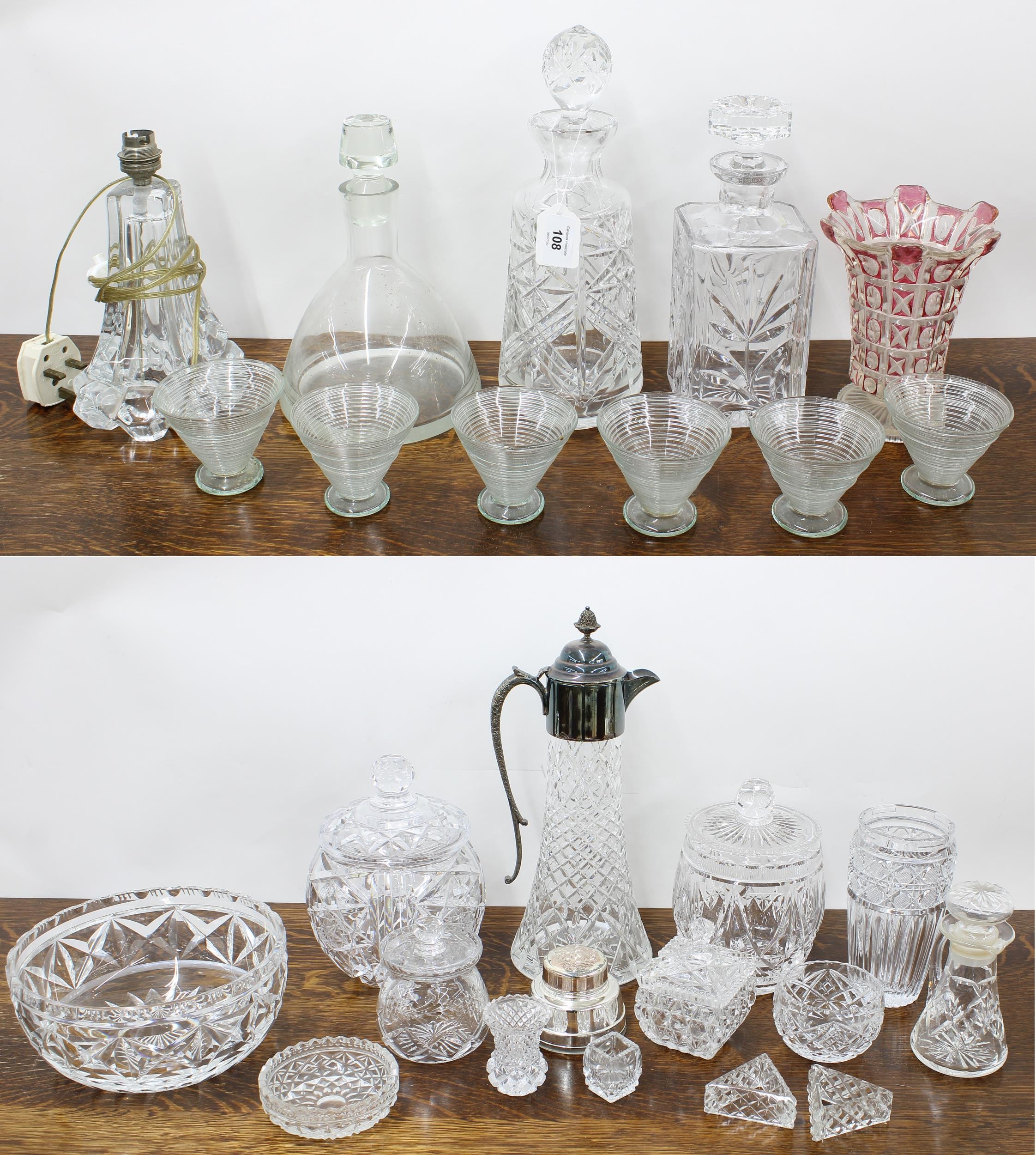 Selection of assorted cut glass and moulded glass items, to include silver plate mounted claret jug,