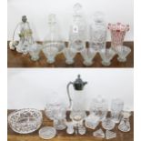 Selection of assorted cut glass and moulded glass items, to include silver plate mounted claret jug,