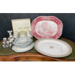 Large Spode red transfer printed turkey meat plate, 22" x 17"; together with a Copeland oval