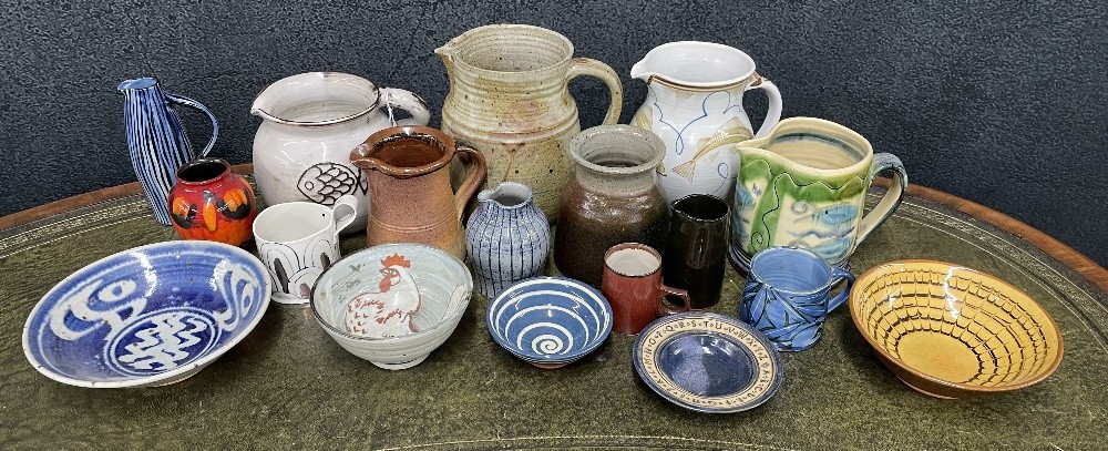 Selection of decorative studio pottery jugs; including by Muchelney, Deborah Prosser etc.; also a