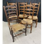 Set of four Lancashire type ladder back dining chairs, with woven cane seats over turned front