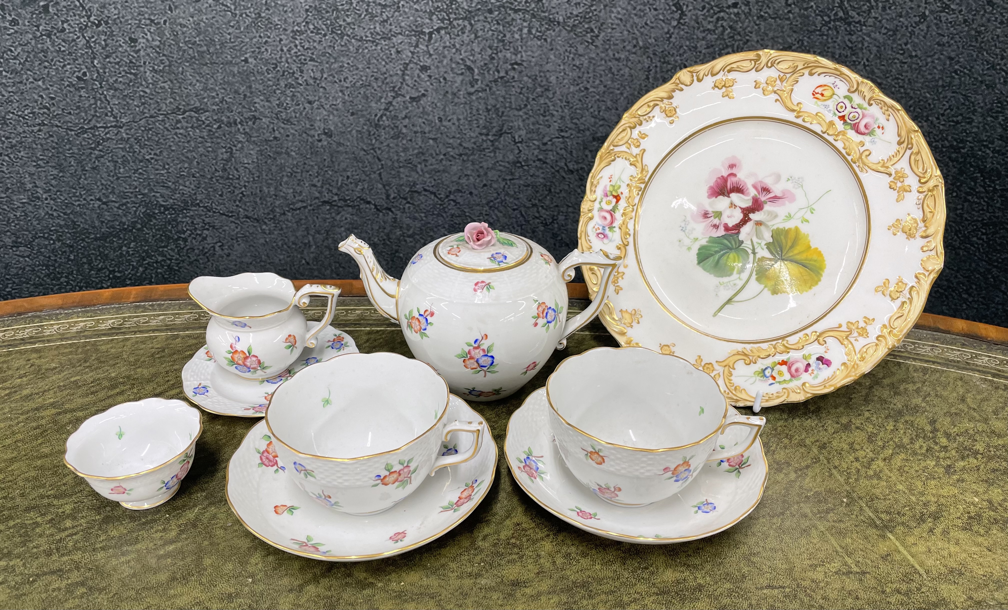 Herend handpainted 'tea for two' porcelain tea set; together with a 19th Century cabinet plate
