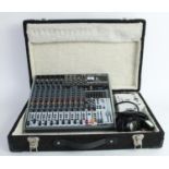 Behringer Xenyx X1832 USB mixer, with Behringer Ultra DI boxed and Sennheiser HD201 headphones,