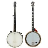 Fretless five string banjo with old neck and contemporary rim; together with a contemporary plectrum