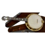 George Formby Dallas E banjolele, with geometric mother of pearl inlay to the fretboard, bearing