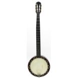 Five string zither banjo by and stamped A. Weaver, Maker, London, with 8.25" skin and 26.5" scale,