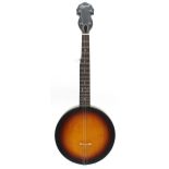 Ozark 2038 five string travel banjo, sunburst finish, replacement tuners, original gig bag