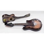 Fender five string guitar shaped mandolin, with sunburst tiger striped table, faux tortoiseshell