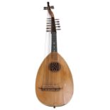 Early 20th century German Theorbo seventeen string lute, with ribbed satin maple wood bowl back,