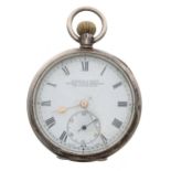 Silver lever pocket watch, import hallmarks London 1910, unsigned frosted movement with