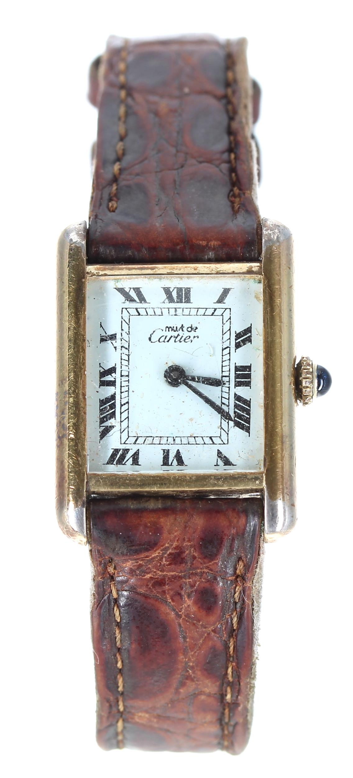 Must de Cartier Tank manual wind silver-gilt lady's wristwatch, case no. 3 133xxx, white dial,