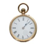 18ct cylinder engraved fob watch, metal cuvette inscribed 'M.A. Williams', 30.3gm, 34mm