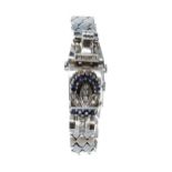 Eska 14k white gold sapphire and diamond set fancy lady's cocktail wristwatch, the tapered case with