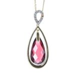 18ct yellow gold garnet  and diamond drop pendant on a slender 18ct chain, the pendant 28mm, chain