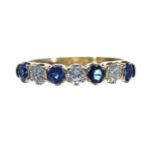 18ct yellow gold sapphire and diamond seven stone ring, width 3.5m, 2.8gm, ring size N