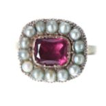 Antique 9ct yellow gold plaque ring, with a pink stone (possibly a synthetic spinel) in a seed pearl
