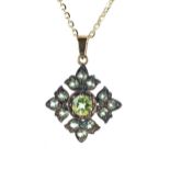 Peridot set pendant in the Victorina manner, on a silver-gilt chain, the pendant 23mm, 3.4gm; also a