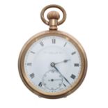 Thos Russell & Son gold plated lever pocket watch, signed 10 jewel movement, no. 3822, hinged