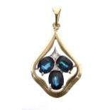 18ct yellow gold sapphire and diamond pendant, the three sapphires estimated 1.80ct approx in total,