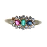 18ct yellow gold emerald, ruby, sapphire and diamond ring, width 8mm, 2.9gm, ring size L (missing