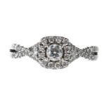 Pretty 18ct white gold diamond cluster ring with set cross-over shoulders, width 7mm, 4.2gm, ring