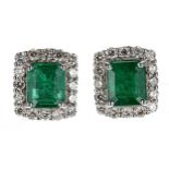 Good pair of 18ct white gold square emerald and diamond cluster stud earrings, the emeralds 2.50ct