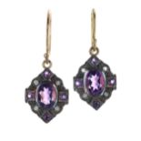 Pair of antique style amethyst and diamond drop cluster earrings, with wire hook backs, 3.2gm, 28mm;