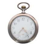 Continental silver (0.800) lever pocket watch, unsigned movement with compensated balance and