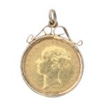 Victorian 1884 'young head' shield back half sovereign coin in a 9ct mount, 4.9gm