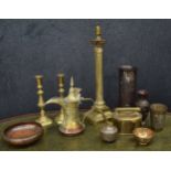 Pair of Victorian brass candlesticks, 11" high; together with a Corinthian column brass lamp base