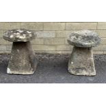 Two old weathered staddle stones, with mushroom tops, 27" high, 19" diameter top approx
