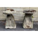 Two old weathered staddle stones, with mushroom tops, 28" high, 20" diameter top approx