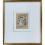 Circle of Kate Greenaway - 'Ring a Ring of Roses', a young girl and boy playing beneath a tree, pen,