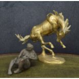 Large decorative brass figure of a rearing horse, 18" high; together with a modernist bronzed