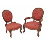 Victorian mahogany framed lady's and gentleman's upholstered salon chairs, 27" wide and 22" wide (2)