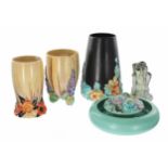 Selection of Clarice Cliff 'My Garden' vases; shape 685 black ground example 7.5" high and two