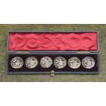 Set of six Art Nouveau silver plated buttons, each cast with a stylised maiden profile with a floral